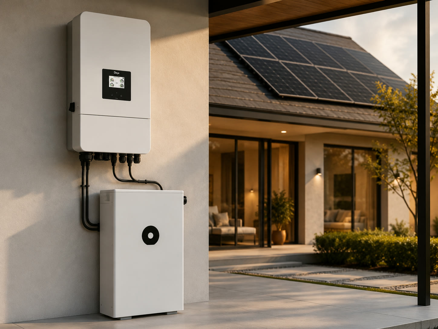 Deye hibrid inverter és Deye energiatároló professzionális telepítési környezetben, LONGi napelemekkel